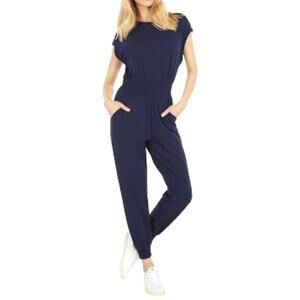 Blue Short Sleeve Crewneck Jumpsuit Womens XL Casual Stretchy Athleisure